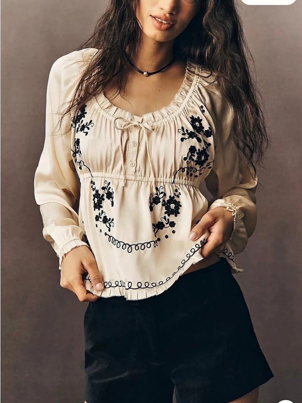 NWT Anthropologie Long Sleeve floral Embroidered Blouse Champagne color Size S